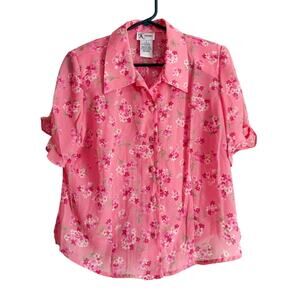 Vintage 90s Pink Floral Blouse Top Garden Fairy Coquette Romantic Button Up
